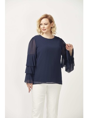 Moda Berray 28009 Kolları Fırfırlı Büyük Beden Bluz Lacivert