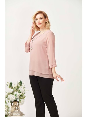 Moda Berray 1934 Somon Kolye Yakalı Şifon Büyük Beden Şık Bluz