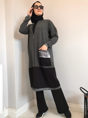 Aysun Aydemir Siyah Füme Payet Cep Tesettür Eşofman Takım