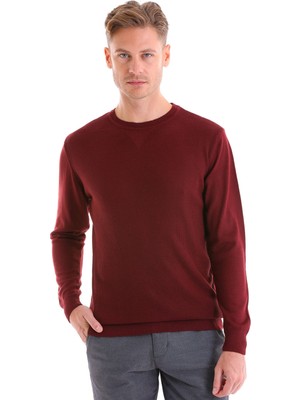 Hatemoğlu Bordo Regular Fit Çizgili Yün Bisiklet Yaka Triko Kazak