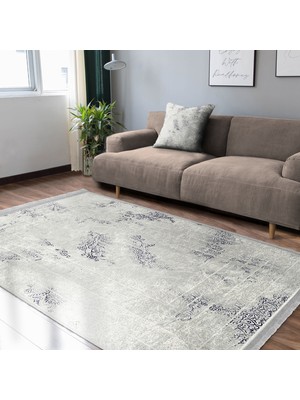 RealHomes Gri Zeminde Çerçeveli Motifli Eskitme Desenli Eskitme Motifli Geometrik  Dijital Baskılı Makinede Yıkanabilir Kaymaz Taban Saçaklı Halı