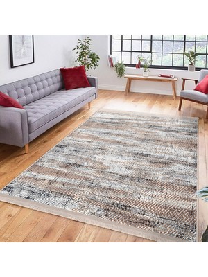 RealHomes Krem Zeminde Eskitme Motifli Örme Desenli Eskitme Motifli Modern Dijital Baskılı Makinede Yıkanabilir Kaymaz Taban Saçaklı Halı