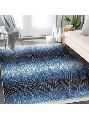 RealHomes Gold - Lacivert Zeminde Geometrik Motifli Üçgen Desenli Geometrik Koridor & Antre  Dijital Baskılı Makinede Yıkanabilir Kaymaz Taban Saçaklı Halı