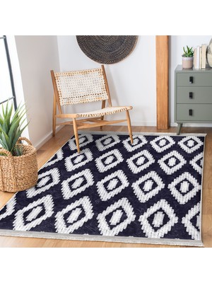 RealHomes Lacivert - Beyaz Zeminde Örgü Motifli Kilim Desenli Klasik Geometrik  Baskılı Makinede Yıkanabilir Kaymaz Taban Saçaklı Halı