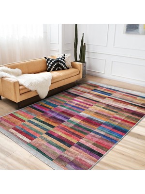 RealHomes Çok Renkli Zeminde Patchwork Motifli Kırkyama Desenli Vintage Klasik Dijital Baskılı Makinede Yıkanabilir Kaymaz Taban Saçaklı Halı