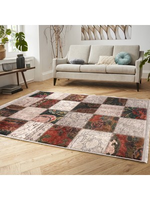 RealHomes Bej Zeminde Patchwork Motifli Çiçek Desenli Vintage Klasik  Dijital Baskılı Makinede Yıkanabilir Kaymaz Taban Saçaklı Halı