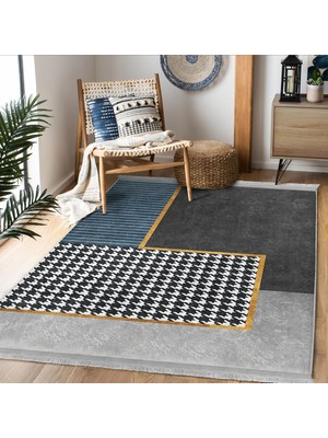 RealHomes Gri Zeminde Geometrik Motifli Kazayağı Desenli Geometrik Klasik  Dijital Baskılı Makinede Yıkanabilir Kaymaz Taban Saçaklı Halı