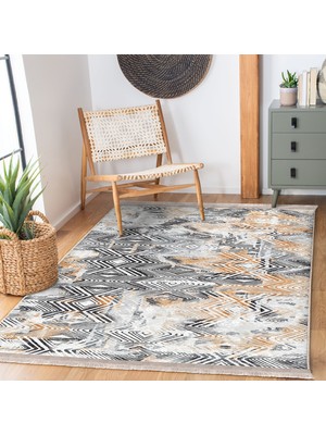 RealHomes Siyah - Bej Zeminde Geometrik Motifli Eskitme Desenli Geometrik Klasik  Dijital Baskılı Makinede Yıkanabilir Kaymaz Taban Saçaklı Halı