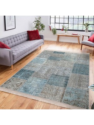 RealHomes Krem - Mavi Zeminde Patchwork Motifli Geleneksel Desenli Vintage Klasik Dijital Baskılı Makinede Yıkanabilir Kaymaz Taban Saçaklı Halı