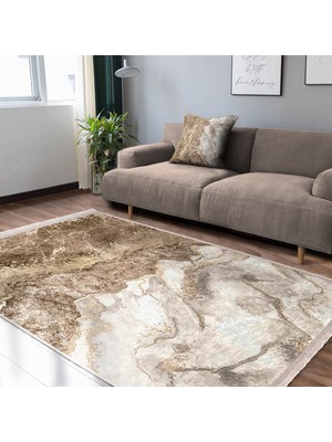 RealHomes Gold Zeminde Mermer Motifli Klasik Desenli Klasik  Dijital Baskılı Makinede Yıkanabilir Kaymaz Taban Saçaklı Halı