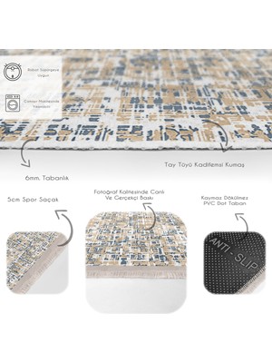 RealHomes Krem - Mavi Zeminde Kanvas Motifli Fırça Darbeleri Desenli Eskitme Motifli  Dijital Baskılı Makinede Yıkanabilir Kaymaz Taban Saçaklı Halı