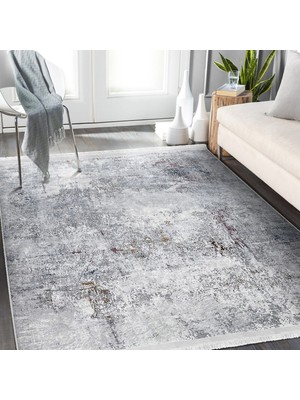 RealHomes Açık Gri Zeminde Modern Motifli Duvar Desenli Vintage Eskitme Motifli  Dijital Baskılı Makinede Yıkanabilir Kaymaz Taban Saçaklı Halı