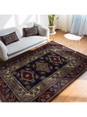 RealHomes Lacivert Kırmızı Zeminde Yöresel Motifli Uşak Desenli Vintage Avangarde  Dijital Baskılı Makinede Yıkanabilir Kaymaz Taban Saçaklı Halı