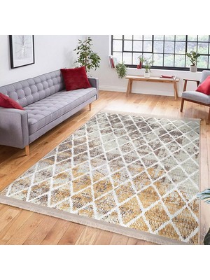 RealHomes Krem Zeminde Mozaik Motifli Eskitme Desenli Geometrik Vintage  Dijital Baskılı Makinede Yıkanabilir Kaymaz Taban Saçaklı Halı