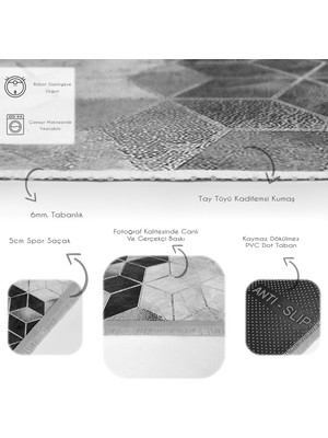 RealHomes Siyah - Gri Zeminde Mozaik Motifli Mermer Desenli Geometrik Klasik Mutfak Banyo Dijital Baskılı Makinede Yıkanabilir Kaymaz Taban Saçaklı Halı