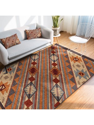 RealHomes Etnik Zeminde Retro Motifli Kilim Desenli Vintage Etnik Motifler  Dijital Baskılı Makinede Yıkanabilir Kaymaz Taban Saçaklı Halı