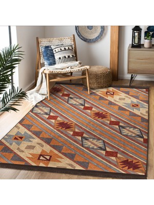 RealHomes Etnik Zeminde Retro Motifli Kilim Desenli Vintage Etnik Motifler  Dijital Baskılı Makinede Yıkanabilir Kaymaz Taban Saçaklı Halı