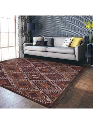 RealHomes Kahverengi Zeminde Kilim Motifli Anadolu Desenli Avangarde Geometrik  Dijital Baskılı Makinede Yıkanabilir Kaymaz Taban Saçaklı Halı