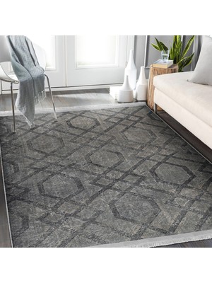 RealHomes Füme Zeminde Geometrik Motifli Örme Desenli Geometrik Vintage  Dijital Baskılı Makinede Yıkanabilir Kaymaz Taban Saçaklı Halı