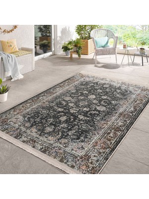 RealHomes Kahverengi Zeminde Kilim Motifli Geleneksel Desenli Avangarde Eskitme Motifli  Dijital Baskılı Makinede Yıkanabilir Kaymaz Taban Saçaklı Halı
