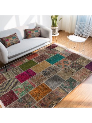 RealHomes Kırkyama Zeminde Etnik Motifli Patchwork Desenli Vintage Etnik Motifler Dijital Baskılı Makinede Yıkanabilir Kaymaz Taban Saçaklı Halı