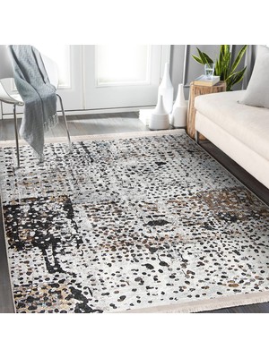 RealHomes Siyah - Beyaz Zeminde Guaj Boya Motifli Modern Sanat Desenli Klasik Vintage  Dijital Baskılı Makinede Yıkanabilir Kaymaz Taban Saçaklı Halı