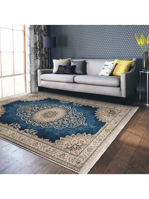RealHomes Mavi Zeminde Göbekli Halı Motifli Kilim Desenli Avangarde Etnik Motifler Dijital Baskılı Makinede Yıkanabilir Kaymaz Taban Saçaklı Halı