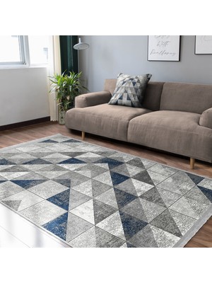 RealHomes Mavi - Gri Zeminde Geometrik Motifli Antik Desenli Geometrik Eskitme Motifli  Dijital Baskılı Makinede Yıkanabilir Kaymaz Taban Saçaklı Halı
