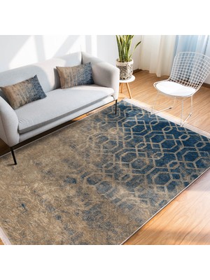 RealHomes Mavi - Bej Zeminde Antik Motifli Dokuma Halı Desenli Geometrik Eskitme Motifli  Dijital Baskılı Makinede Yıkanabilir Kaymaz Taban Saçaklı Halı