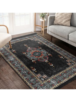 RealHomes Siyah Zeminde Kilim Motifli Geleneksel Desenli Etnik Motifler Avangarde Dijital Baskılı Makinede Yıkanabilir Kaymaz Taban Saçaklı Halı