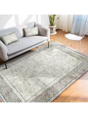 RealHomes Bej Zeminde Çerçeveli Motifli Antik Desenli Geometrik Klasik Dijital Baskılı Makinede Yıkanabilir Kaymaz Taban Saçaklı Halı