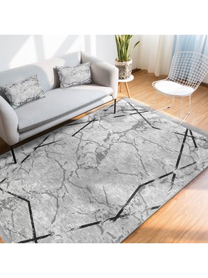 RealHomes Gri - Siyah Zeminde Çerçeveli Motifli Mermer Desenli Geometrik Klasik Dijital Baskılı Makinede Yıkanabilir Kaymaz Taban Saçaklı Halı