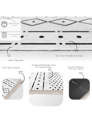 RealHomes Beyaz Zeminde Iskandinav Motifli Geleneksel Desenli Geometrik  Dijital Baskılı Makinede Yıkanabilir Kaymaz Taban Saçaklı Halı