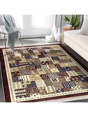 RealHomes Kahverengi Zeminde Patchwork Motifli Etnik Desenli Vintage Etnik Motifler Dijital Baskılı Makinede Yıkanabilir Kaymaz Taban Saçaklı Halı