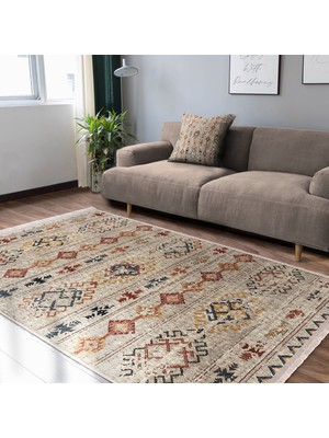 RealHomes Krem Zeminde Kilim Motifli Baklava Desenli Etnik Motifler Vintage Dijital Baskılı Makinede Yıkanabilir Kaymaz Taban Saçaklı Halı