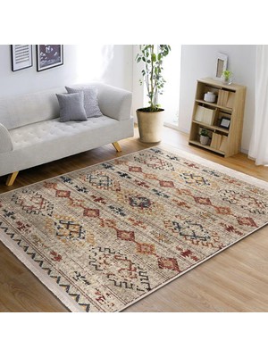 RealHomes Krem Zeminde Kilim Motifli Baklava Desenli Etnik Motifler Vintage Dijital Baskılı Makinede Yıkanabilir Kaymaz Taban Saçaklı Halı