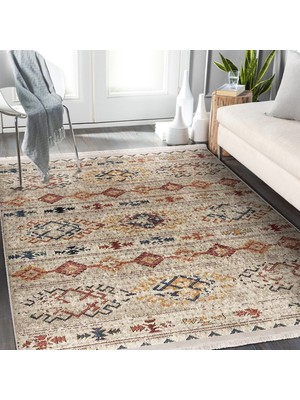 RealHomes Krem Zeminde Kilim Motifli Baklava Desenli Etnik Motifler Vintage Dijital Baskılı Makinede Yıkanabilir Kaymaz Taban Saçaklı Halı