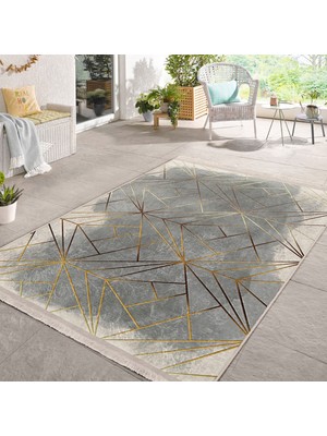 RealHomes Gold - Gri Zeminde Geometrik Motifli Klasik Desenli Geometrik Klasik  Dijital Baskılı Makinede Yıkanabilir Kaymaz Taban Saçaklı Halı
