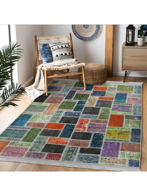 RealHomes Kırkyama Zeminde Patchwork Motifli Geleneksel Desenli Vintage Klasik Dijital Baskılı Makinede Yıkanabilir Kaymaz Taban Saçaklı Halı