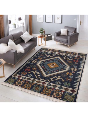 RealHomes Lacivert Zeminde Iran Motifli Kilim Desenli Avangarde Vintage  Dijital Baskılı Makinede Yıkanabilir Kaymaz Taban Saçaklı Halı