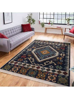 RealHomes Lacivert Zeminde Iran Motifli Kilim Desenli Avangarde Vintage  Dijital Baskılı Makinede Yıkanabilir Kaymaz Taban Saçaklı Halı