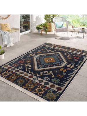 RealHomes Lacivert Zeminde Iran Motifli Kilim Desenli Avangarde Vintage  Dijital Baskılı Makinede Yıkanabilir Kaymaz Taban Saçaklı Halı