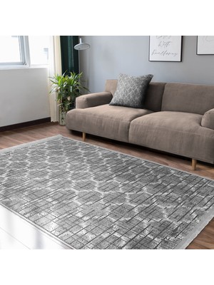 RealHomes Gri Zeminde Morrocan Motifli Eskitme Desenli Geometrik Eskitme Motifli  Dijital Baskılı Makinede Yıkanabilir Kaymaz Taban Saçaklı Halı