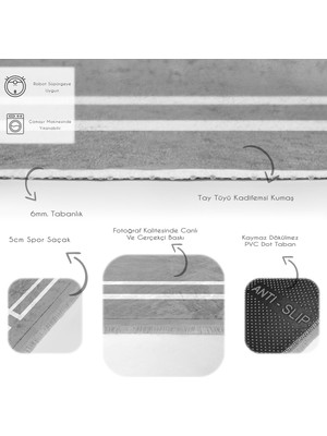 RealHomes Gri Zeminde Modern Motifli Çerçeve Desenli Geometrik  Dijital Baskılı Makinede Yıkanabilir Kaymaz Taban Saçaklı Halı