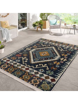 RealHomes Lacivert Zeminde Kilim Motifli Baklava Desenli Etnik Motifler Vintage  Dijital Baskılı Makinede Yıkanabilir Kaymaz Taban Saçaklı Halı