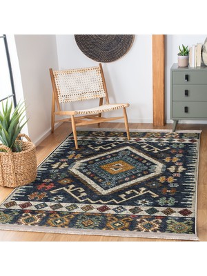 RealHomes Lacivert Zeminde Kilim Motifli Baklava Desenli Etnik Motifler Vintage  Dijital Baskılı Makinede Yıkanabilir Kaymaz Taban Saçaklı Halı