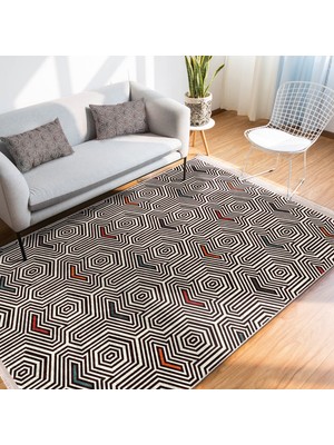 RealHomes Siyah - Bej Zeminde Geometrik Motifli Klasik Desenli Geometrik Klasik  Dijital Baskılı Makinede Yıkanabilir Kaymaz Taban Saçaklı Halı