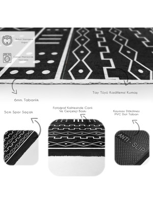 RealHomes Siyah - Beyaz Zeminde Iskandinav Motifli Geometrik Desenli Geometrik Etnik Motifler  Dijital Baskılı Makinede Yıkanabilir Kaymaz Taban Saçaklı Halı