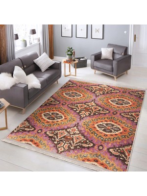 RealHomes Pembe Zeminde Ikat Motifli Yöresel Desenli Avangarde Vintage  Dijital Baskılı Makinede Yıkanabilir Kaymaz Taban Saçaklı Halı