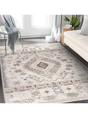 RealHomes Krem Zeminde Retro Motifli Dokuma Desenli Avangarde Eskitme Motifli  Dijital Baskılı Makinede Yıkanabilir Kaymaz Taban Saçaklı Halı
